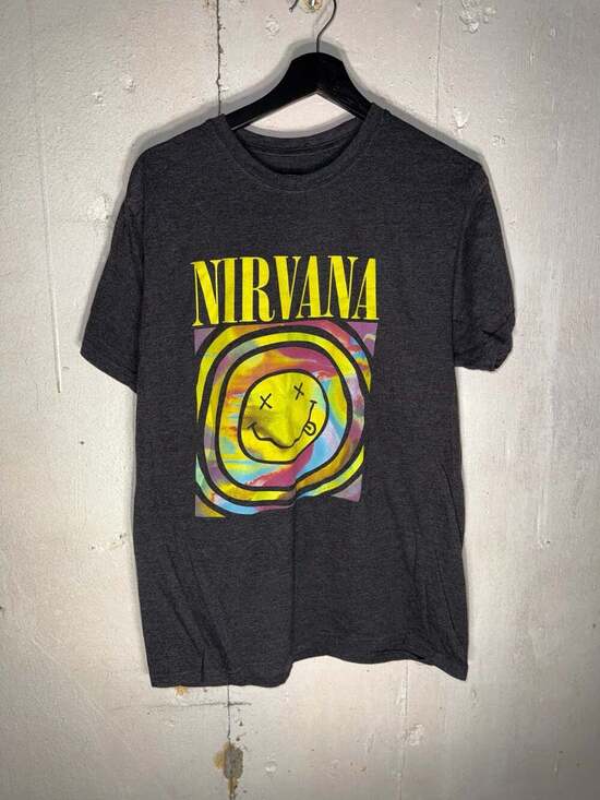 Nirvana Other - Nirvana Charcoal Grey Graphic T-Shirt Rainbow Tie Dye Smiley Face Band Tee Size